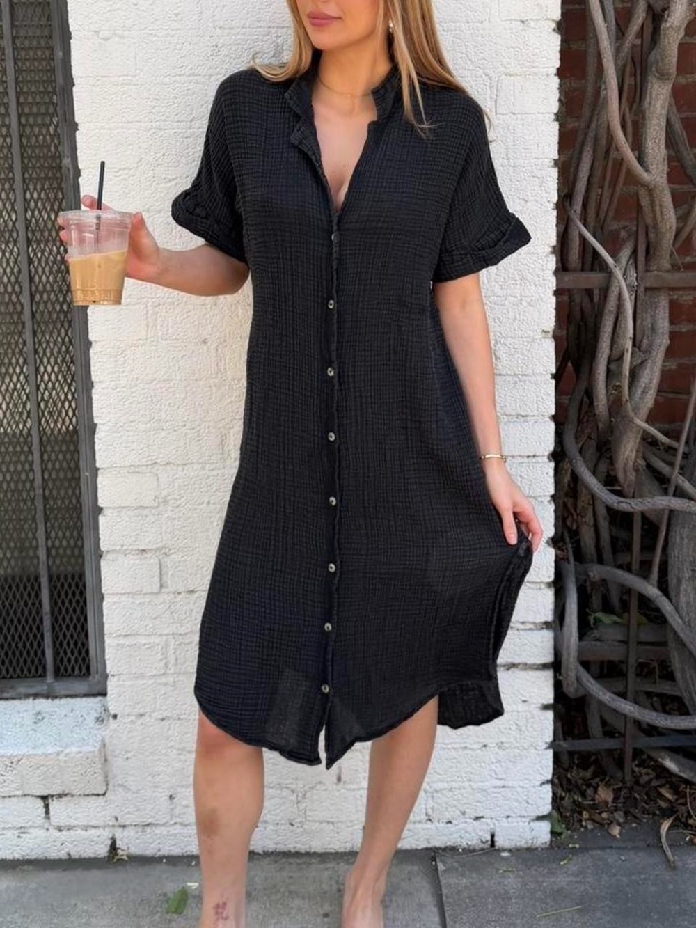 Black Button-Front Women's Swim Cover-Up Dress